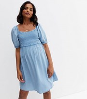 New Look Maternity Pale Blue Denim Shirred Puff Sleeve Mini Dress